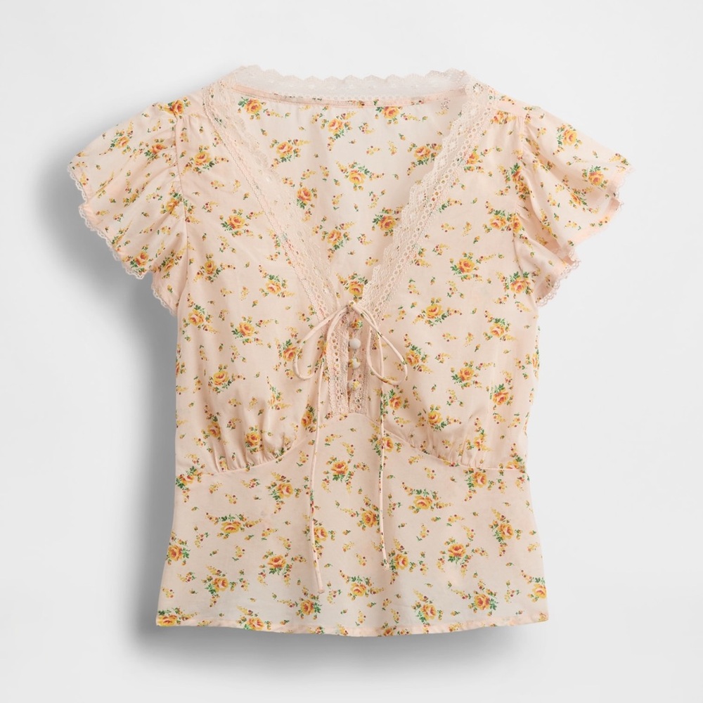 NEW WITH TAGS lace-trim floral top yellow floral GAP size XXS